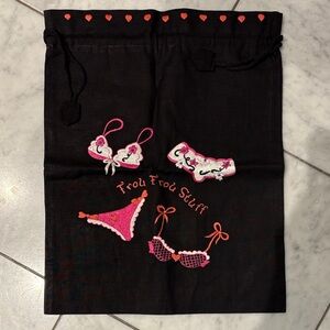 Black Drawstring Lingerie Bag with Pink Embroidered Underwear Motifs